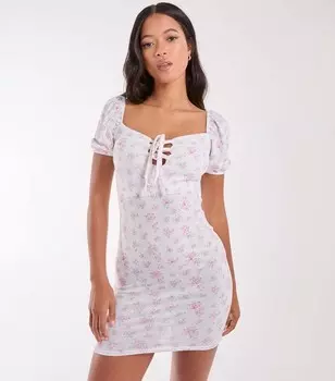 Мини-платье с пышными рукавами и ванильным розовым цветочным принтом Pink Vanilla, розовый