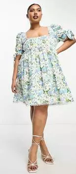 Мини-платье с пышными рукавами и цветочным орнаментом The Frolic Plus Edge, белый/голубой/зеленый