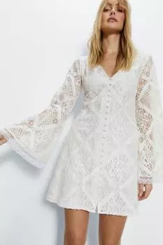 Мини-платье с расклешенными рукавами и кружевными пуговицами Warehouse, белый