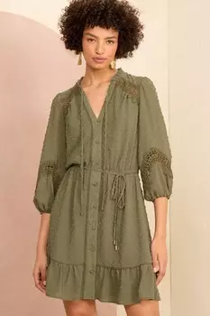 Мини платье с рукавами 3/4 и отделкой из кружева Добби Love & Roses, зеленый