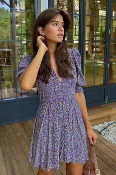 Мини-платье с рукавами арбуза и фиолетовым цветочным узором MG1716 MADMEXT