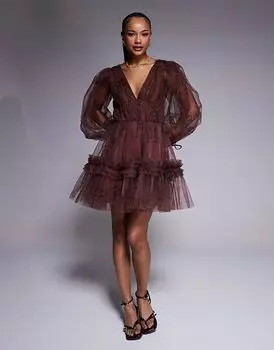 Мини-платье с рукавами-фонариками и коричневым анималистичным принтом Lace & Beads