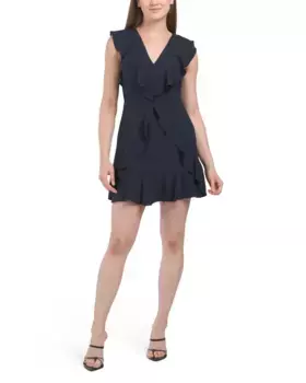 Мини-платье с рюшами и рукавами Bcbgmaxazria, темно-синий