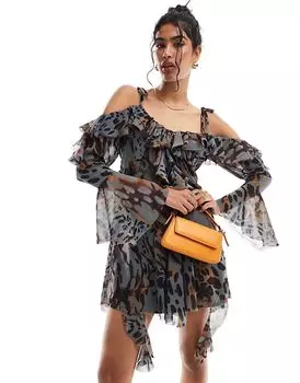 Мини-платье с рваными краями, годе и оборками под ним с анималистичным принтом ASOS DESIGN