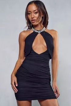 Мини-платье с сетчатым вырезом и рюшами и стразами MISSPAP, черный