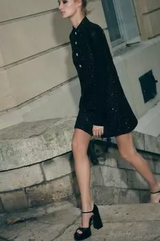 Мини-платье с текстурой и блестками ZARA, черный