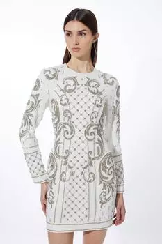Мини-платье с тканым вырезом и кристаллами Karen Millen, белый