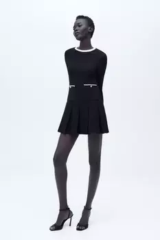 Мини-платье с трикотажными плиссами ZARA, черный/белый