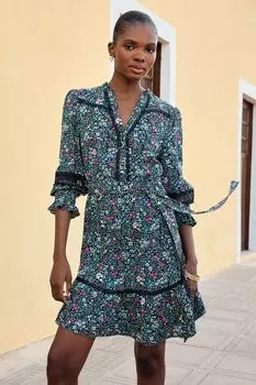 Мини-Платье с узором V-образным вырезом и кружевной отделкой Love & Roses, синий