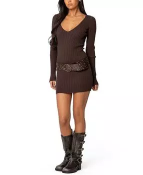 Мини-платье с V-образным вырезом в рубчик Edikted, коричневый