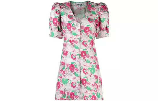 Мини-платье с V-образным вырезом и цветочным принтом GANNI, мультиколор