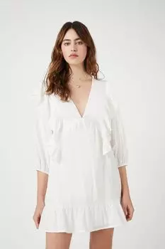 Мини-платье с V-образным вырезом и оборками Forever 21, слоновая кость