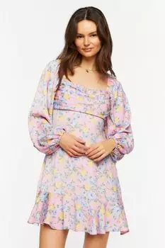 Мини-платье с воланами и принтом роз Forever 21, розовый