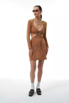 Мини-платье с вырезами и завязками Светло-коричневый QUZU