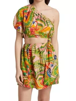 Мини-платье с вырезом на одно плечо macaw leaves Farm Rio Green mutli