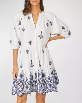 Мини-платье с вышитыми рукавами-фонариками Shoshanna, цвет Opticnavy