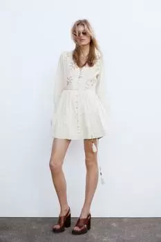 Мини-платье с вышивкой в цветочек ZARA, экрю