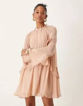 Мини-платье с высоким воротом и оборками бледно-розового цвета New Look