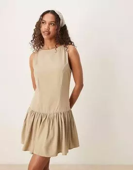 Мини-платье с заниженной талией из льняной смеси ASOS DESIGN в цвете шалфейно-зеленый