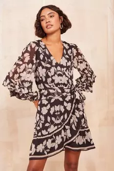 Мини платье с запахом и оборками из шифона Friends Like These, бежевый