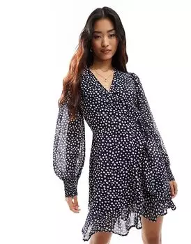 Мини-платье с запахом и оборками в горошек темно-синего цвета Wednesday's Girl