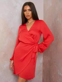 Мини-платье с запахом из атласа с длинным рукавом Chi Chi London, розовый