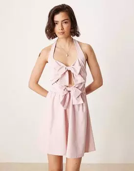 Мини-платье с завязками на шее и двойным бантом спереди ASOS DESIGN нежно-розового цвета