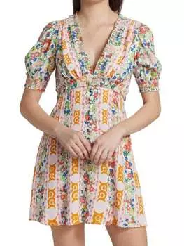 Мини-платье Saloni с пышными рукавами и цветочной полоской lea, розовый