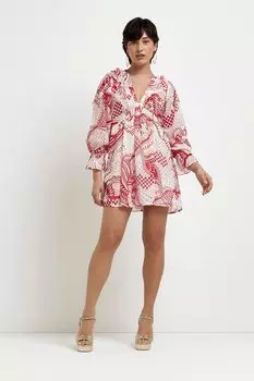 Мини-Платье со сборками и длинными рукавами River Island, красный