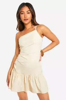 Мини-платье со сборками и льняным эффектом boohoo, бежевый