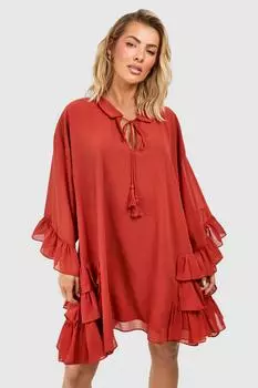 Мини-платье со сборками и рюшами boohoo, коричневый