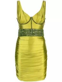 Мини-платье со сборками, украшенное кристаллами Elisabetta Franchi, зеленое