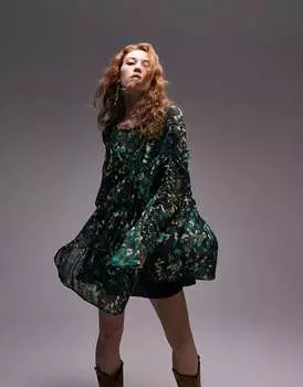 Мини-платье со швами Topshop с принтом цвета хаки