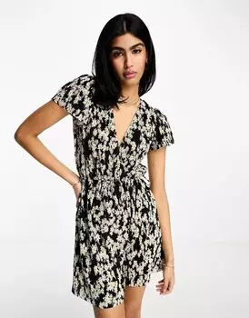 Мини-платье со складками и цветочным принтом ASOS, рукавами-фонариками и эластичной завязкой сбоку