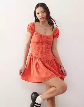 Мини-платье-солнце Reclaimed Vintage с квадратным вырезом и заниженной талией в мандариново-красном цвете