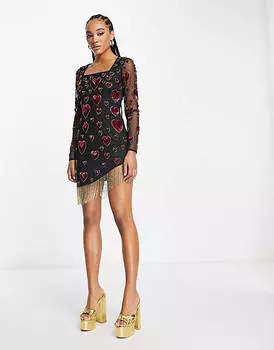 Мини-платье Starlet с длинными рукавами, сердечками и золотой бахромой
