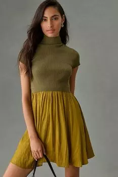 Мини-платье-свитер Anthropologie Thea с короткими рукавами, темно-зеленый
