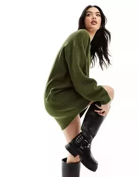 Мини-платье-свитер цвета хаки с круглым вырезом ASOS