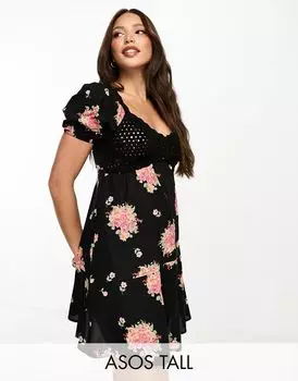 Мини-платье темного цветочного принта ASOS DESIGN Tall с вырезом кармен и деталями, связанными крючком