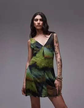 Мини-платье Topshop из жатой сетки с V-образным вырезом в цвете «мульти»