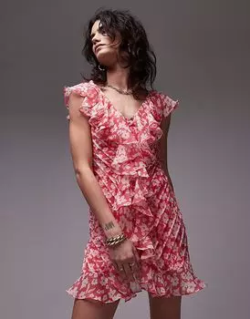 Мини-платье Topshop с оборками и защипами в розовом цветочном стиле