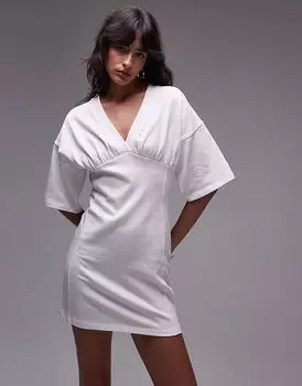 Мини-платье Topshop с V-образным вырезом и короткими рукавами цвета слоновой кости