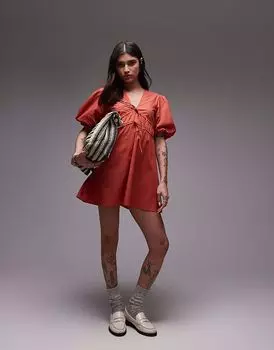 Мини-платье Topshop с V-образным вырезом и рукавами-буфами цвета ржавчины
