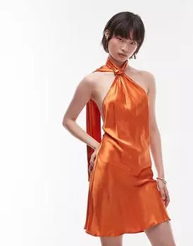 Мини-платье Topshop с завязкой на шее и лямками из атласа цвета ржавчины