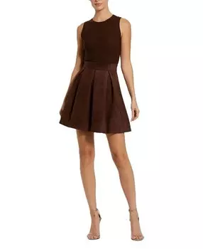 Мини-платье трапециевидного силуэта из сетки и замши Mac Duggal без рукавов, коричневый