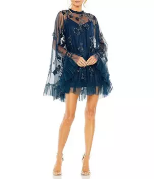 Мини-платье трапециевидной формы из сетки с длинными расклешенными рукавами Mac Duggal, синий
