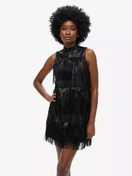 Мини-платье трапециевидной формы с бахромой и блестками Superdry, цвет Fringe Black