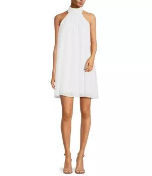 Мини-платье-трапеция без рукавов с воротником Belle Badgley Mischka Elise Georgette и завязкой на спине, белый