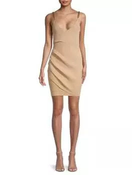 Мини - Платье Трикотажное в Рубчик Bebe с цепочками и ремешками, taupe