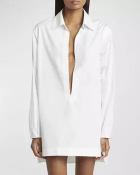 Мини-платье-туника из поплина с глубоким вырезом ALAIA, цвет Blanc